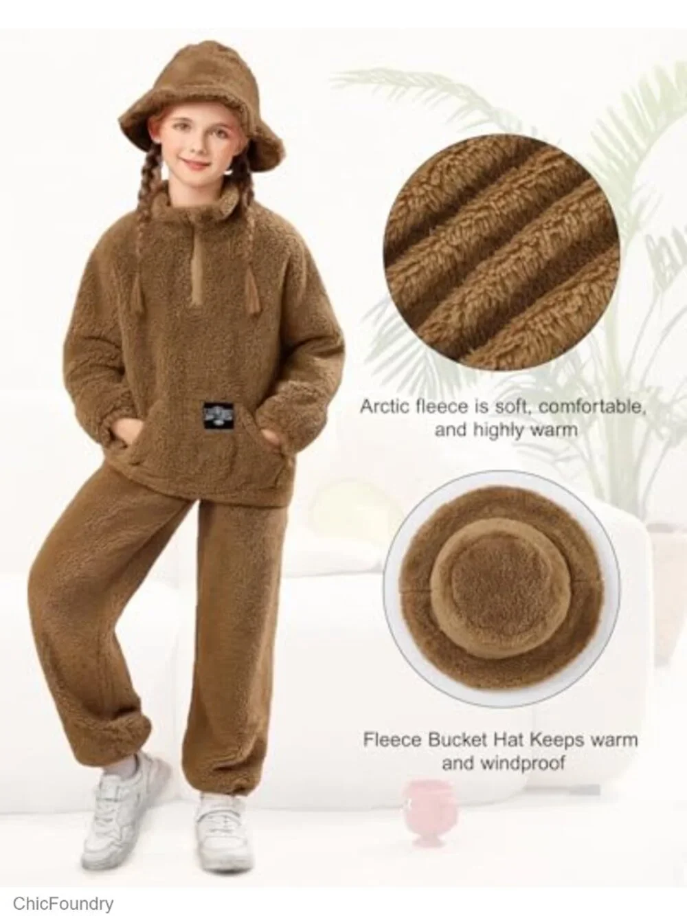 Girls 3 Piece Fuzzy Fleece Pants Set with Quarter-Zip and Hat